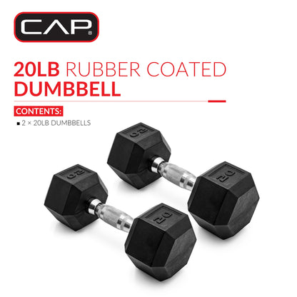 Barbell, 20Lb Coated Rubber Hex Dumbbell, Pair